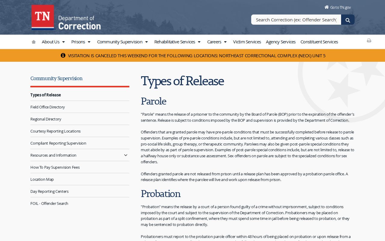 Tennessee probation and parole definitions used with Hardin County criminal records