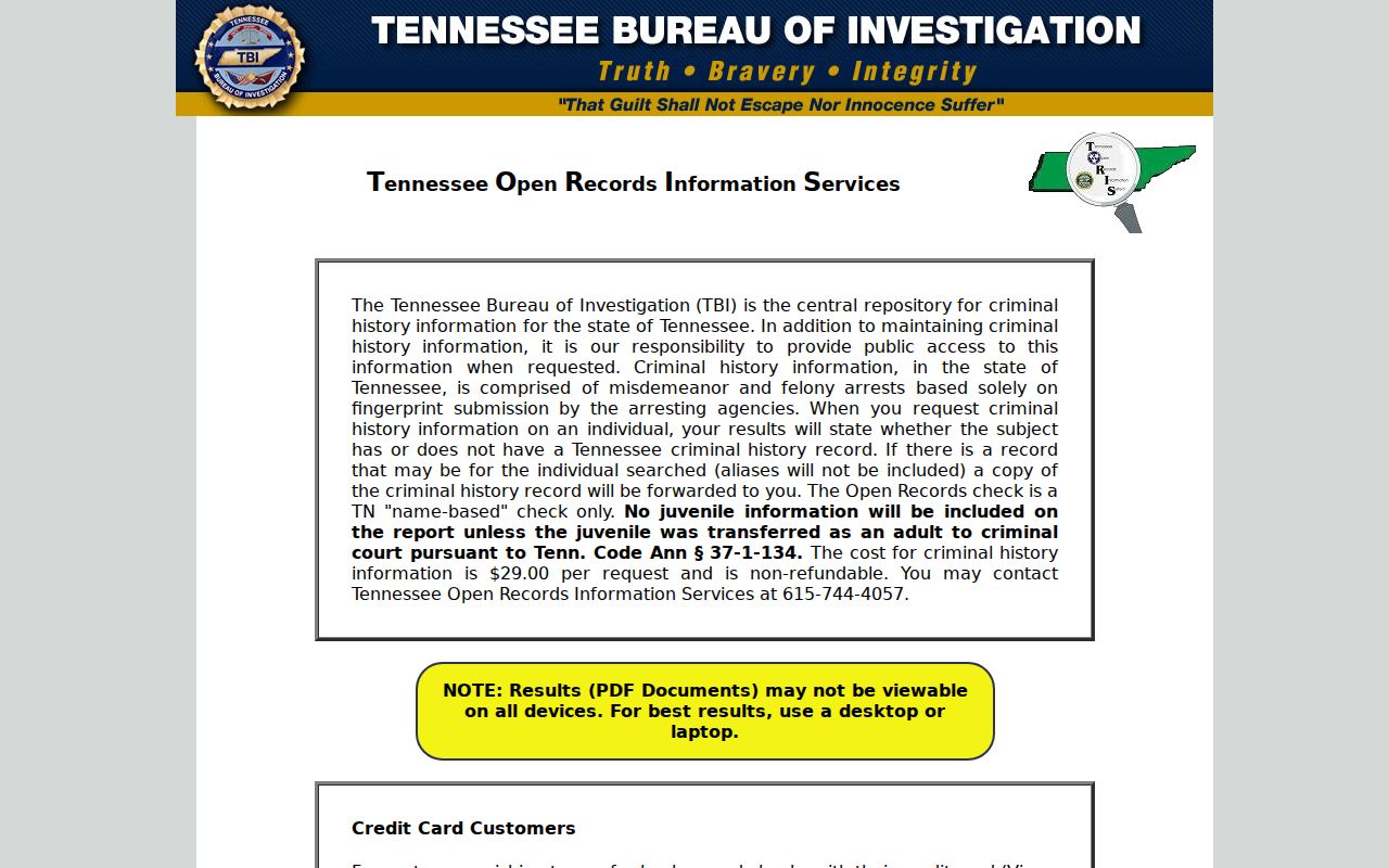 Hardin County criminal history request through the Tennessee TORIS interface