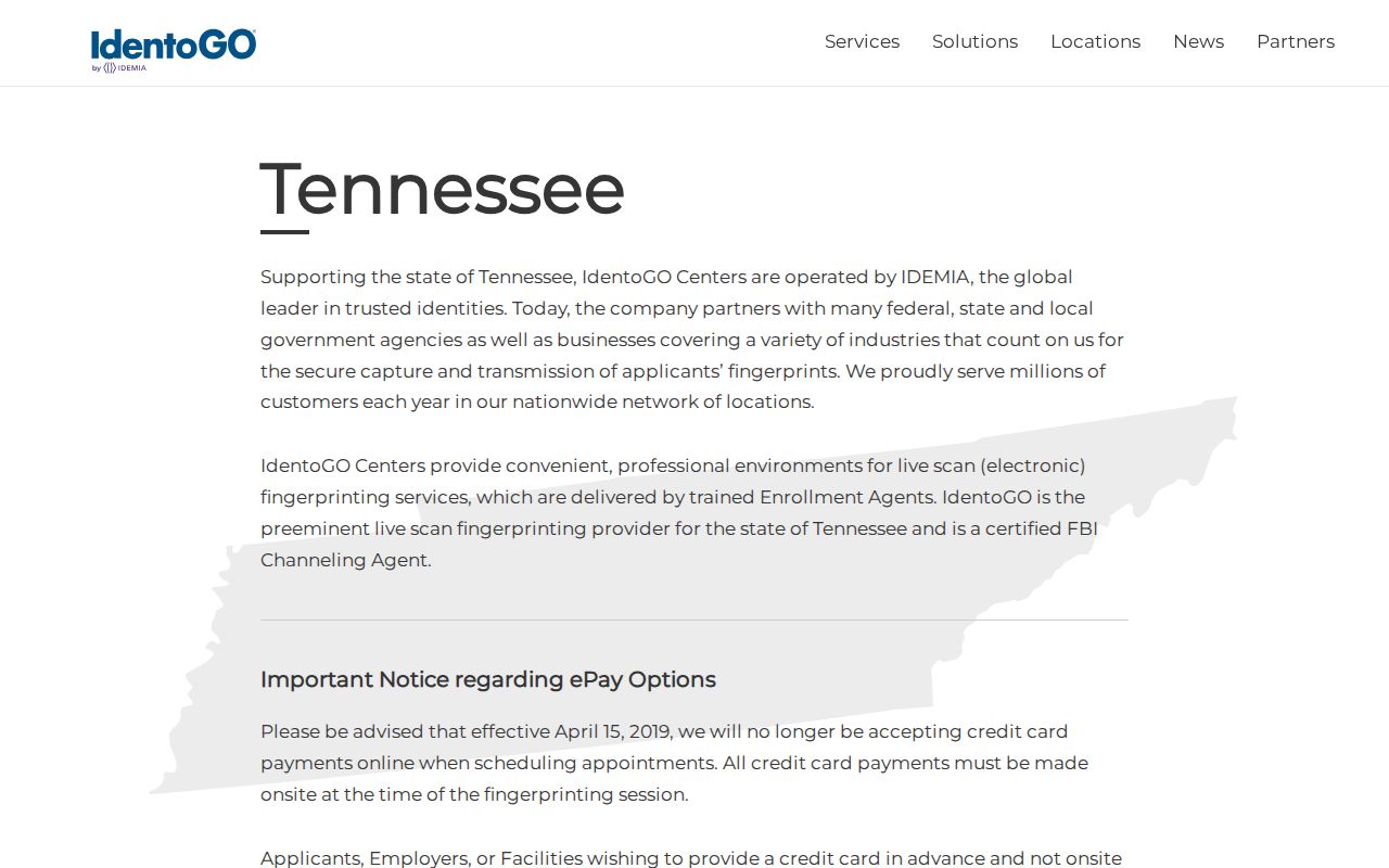 Tennessee fingerprint appointment page used for authorized Hardin County record checks