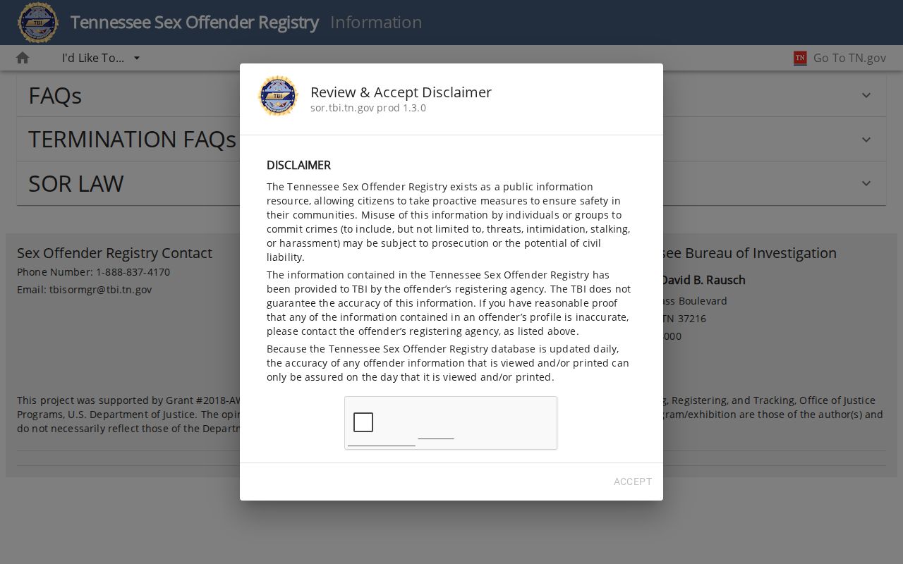 TBI rules and notices for a Hardin County sex offender check
